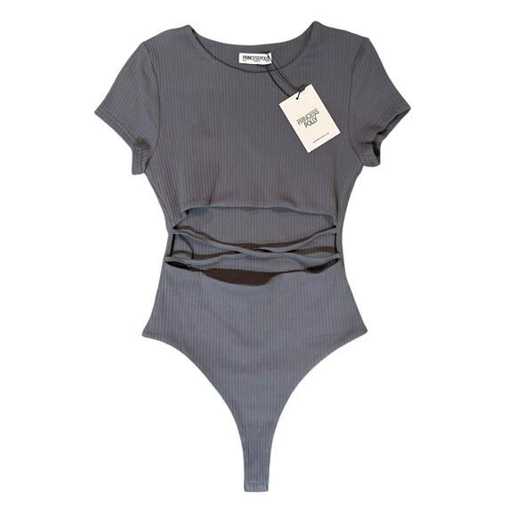 NWT PRINCESS POLLY Nicola Bodysuit Slate Gray Ribbed Criss Cross Thong Stretch 8 - Picture 2 of 16